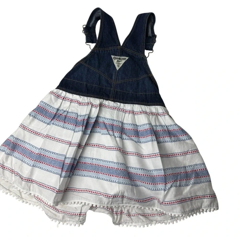 Osh Kosh Baby Girl's 3T Vestbak Bib Overall Dress Re White Blue 4th Of July Jean